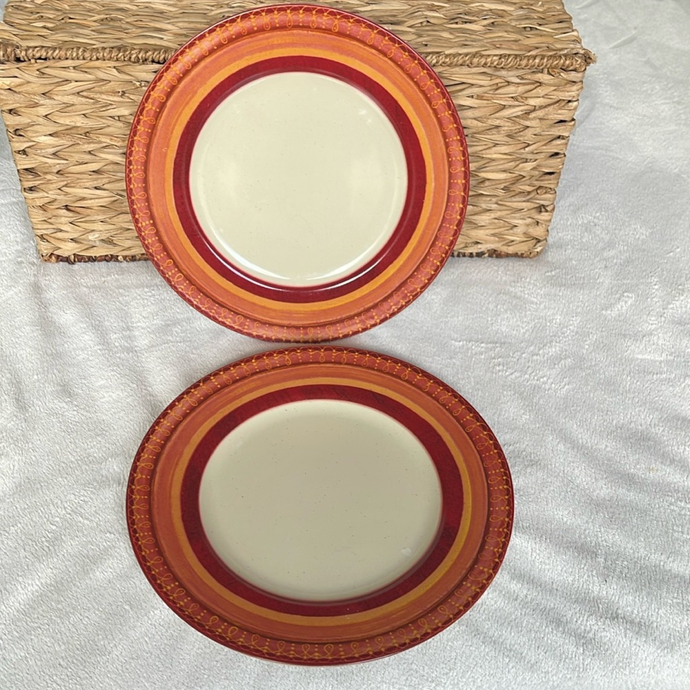 Pier 1 Set of 2 Lugano 10 1/2” Dinner Plates Orange Brown Edge Fall Colors